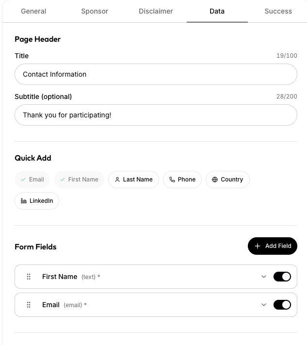 Data settings with guest form fields