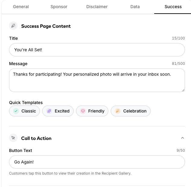 Success message and call-to-action settings