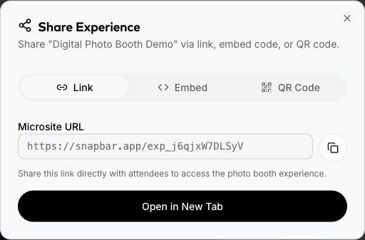 Share Experience dialog with the Link tab selected
