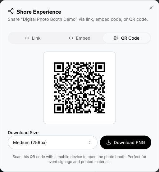 Share Experience dialog with QR download controls